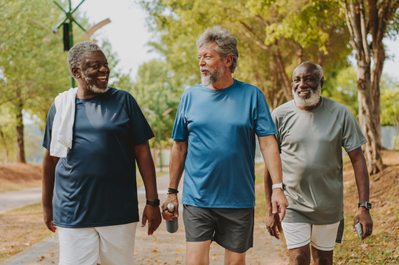 Three senior men walking together outside