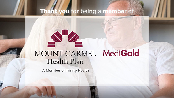 Mount Carmel MediGold logo over a senior couple sitting on a couch